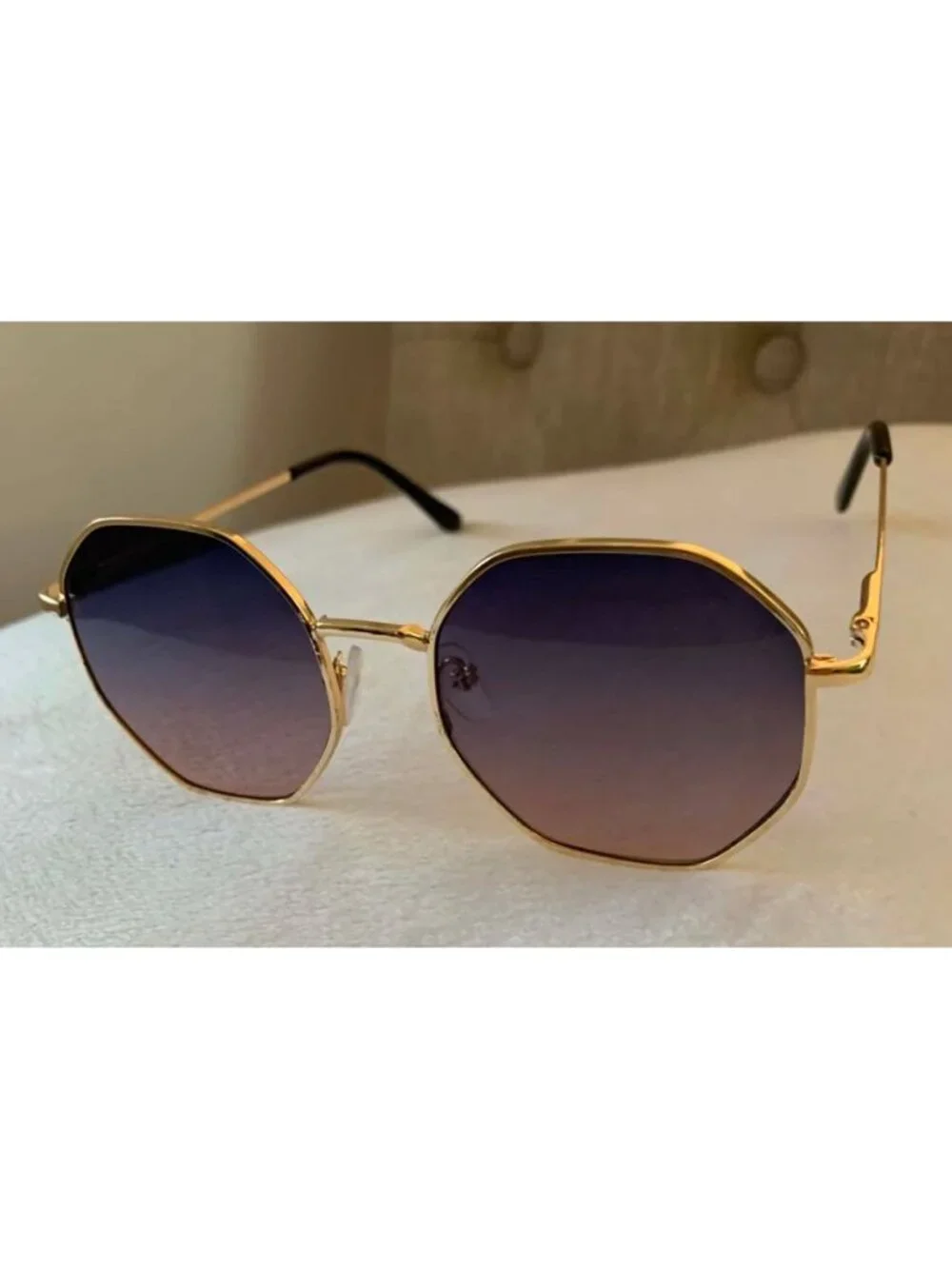 Unisex Octagonal Gold Metal Frame Gradient Blue to Pink Lens Sunglasses
